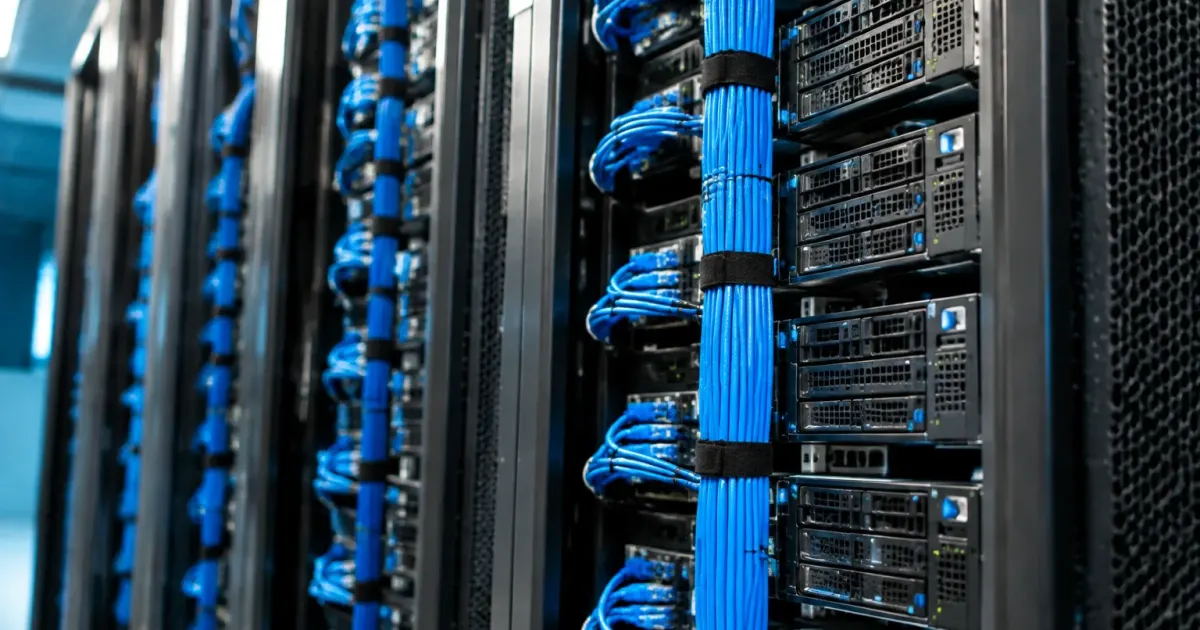 Server neri con cavi blu allineati verticalmente