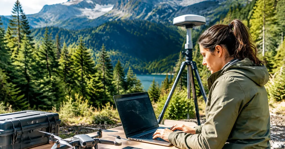Laboratorio tecnologico moderno tra alberi e montagne boscose