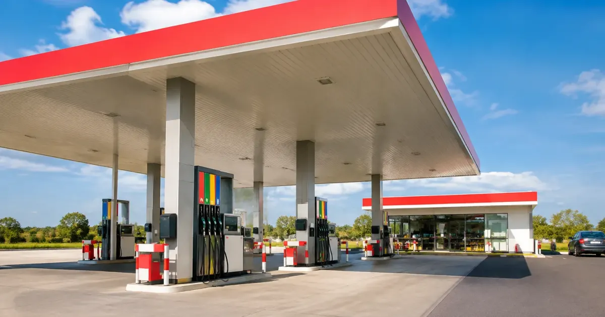 Stazioni benzina europee ordinate con cartelli prezzi e numerazione