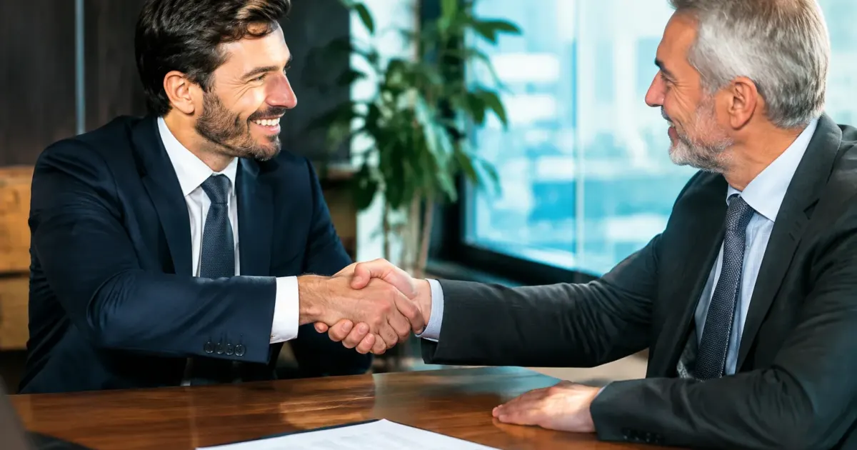 Stretta di mano fra imprenditori accanto a foglio contratto