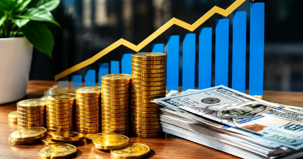 Grafico finanziario con frecce ascendenti, monete oro e banconote dollaro su tavolo