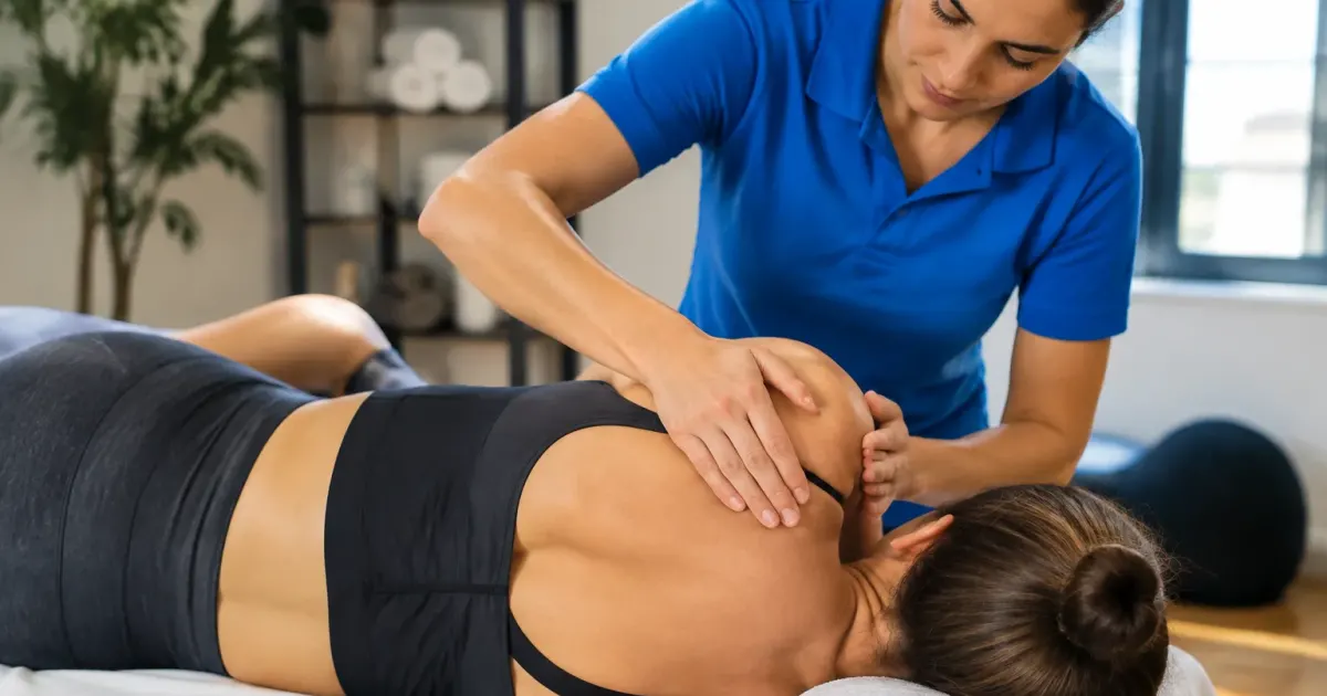 Terapista massaggia spalla paziente sdraiato su lettino