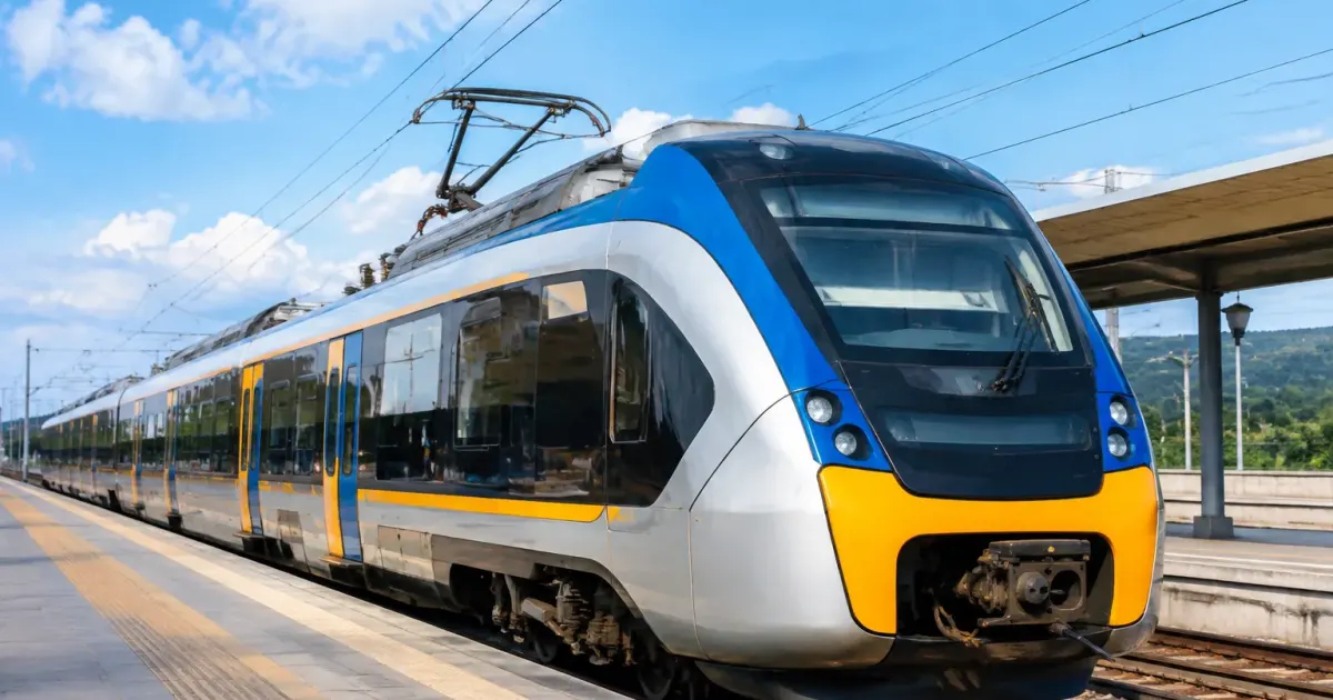 Moderno treno elettrico fermo su binario con pantografo abbassato