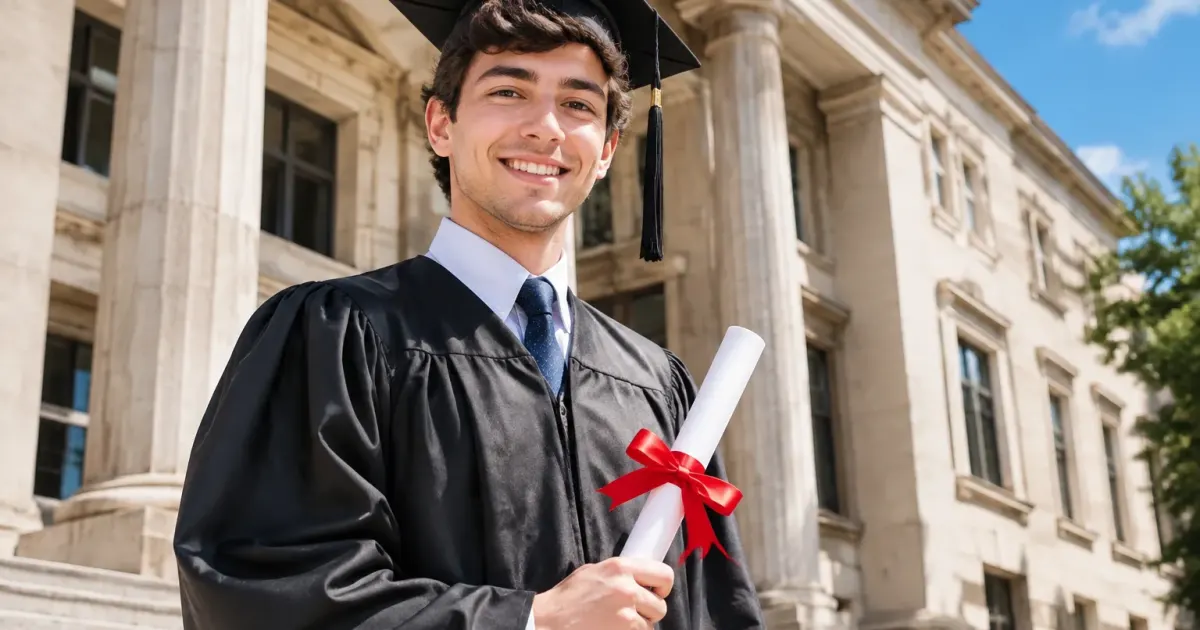 Giovane laureato con diploma in mano davanti a edificio universitario
