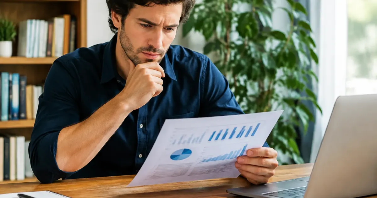 Uomo seduto osserva cautamente foglio investimenti finanziario