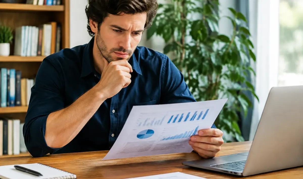 Uomo seduto osserva cautamente foglio investimenti finanziario