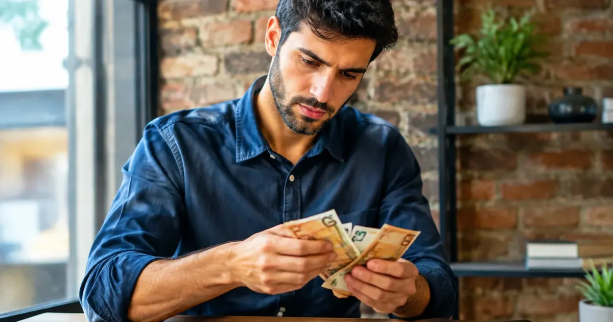 Uomo seduto al tavolo conta banconote in mano