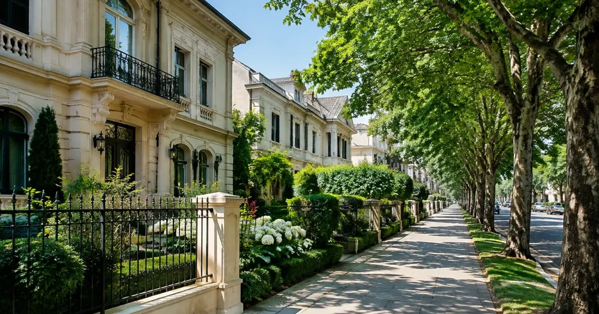 Ville eleganti affiancate da giardini curati su viale alberato