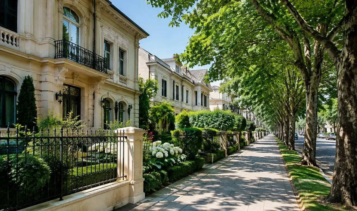 Ville eleganti affiancate da giardini curati su viale alberato