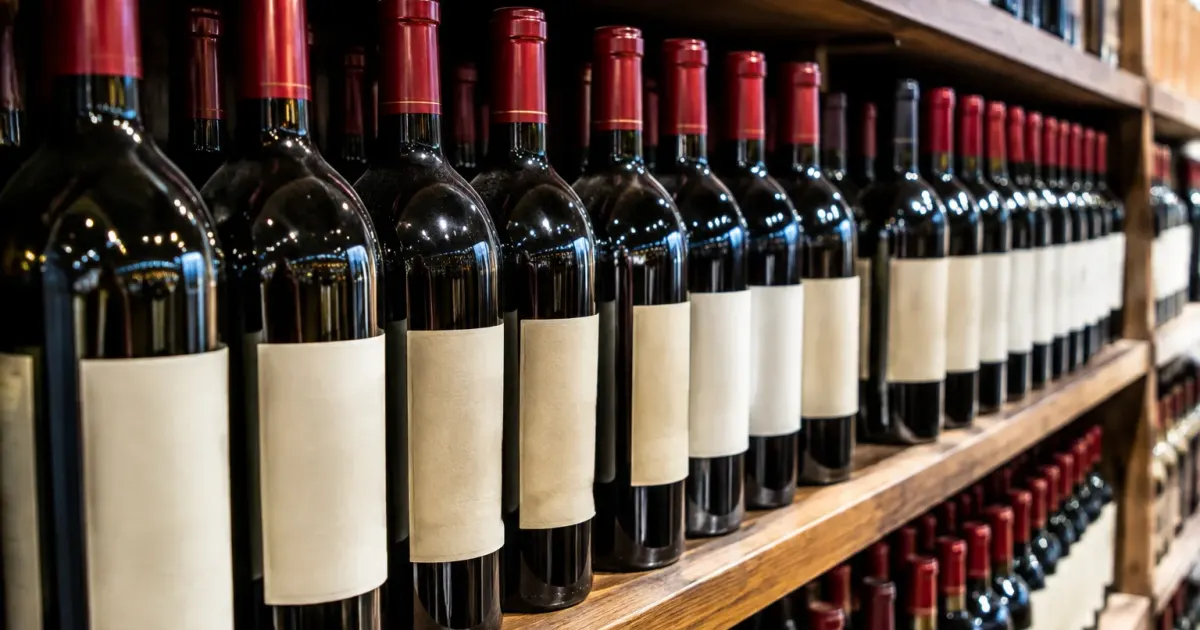 Bottiglie di vino rosso italiano allineate su scaffale in crescita