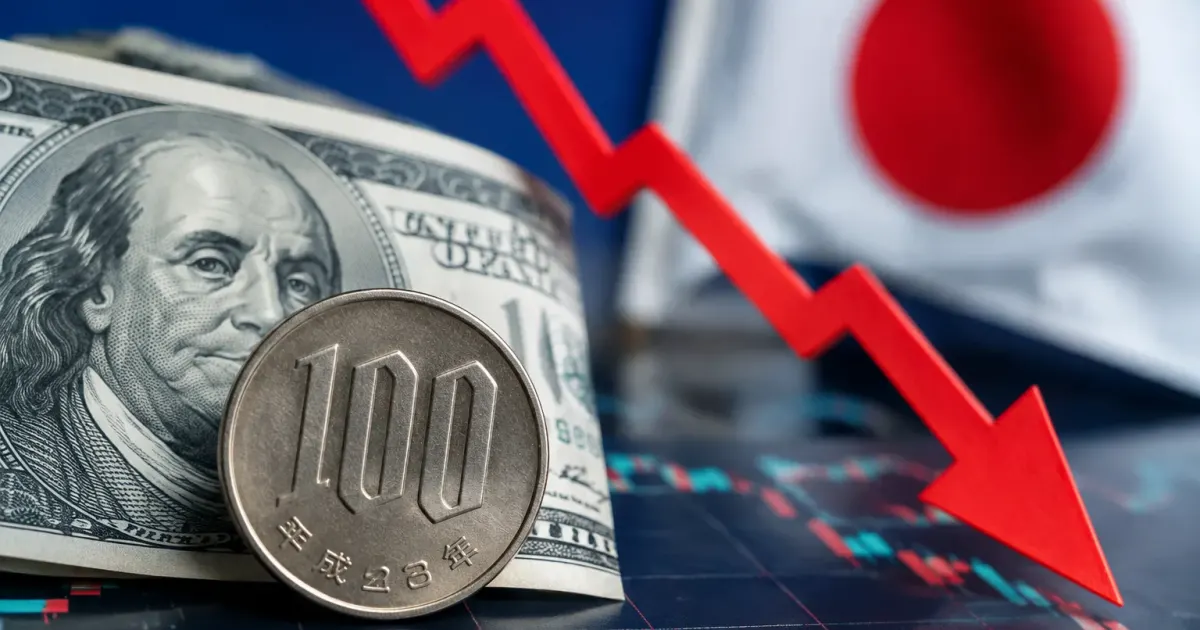 Grafico con freccia discendente che mostra yen giapponese in calo rispetto al dollaro