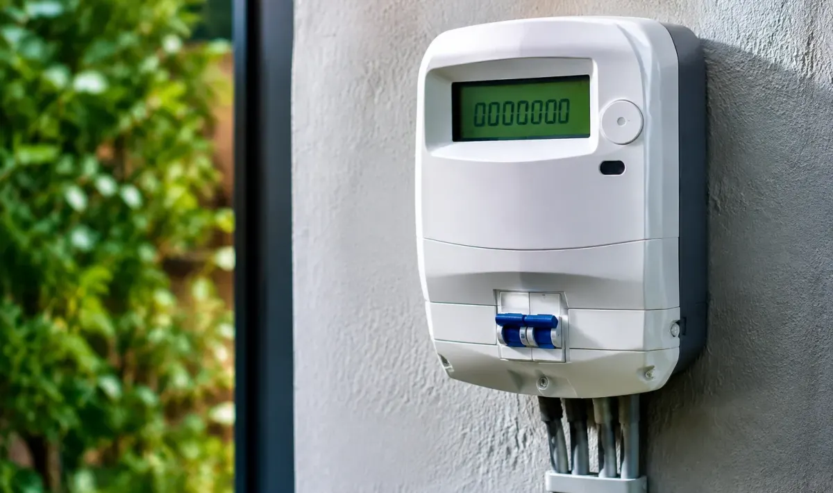 Contatore luce digitale acceso su muro con display