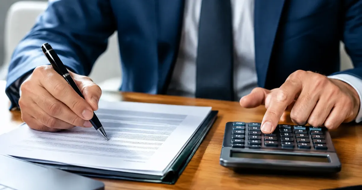 Mani tengono contratto con calcolatrice accanto mostrando numeri
