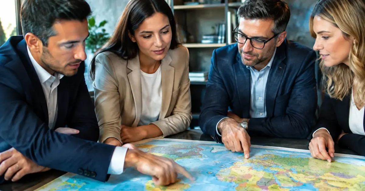 Imprenditori indicano direzioni su mappa geografica mondiale