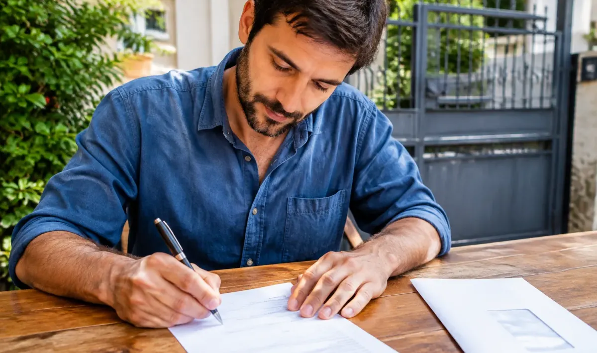 Mani firma carta documento tavolo casa cancello